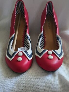 Red Women's Nautical-Inspired Heels with White & Navy Trim  8.5  New